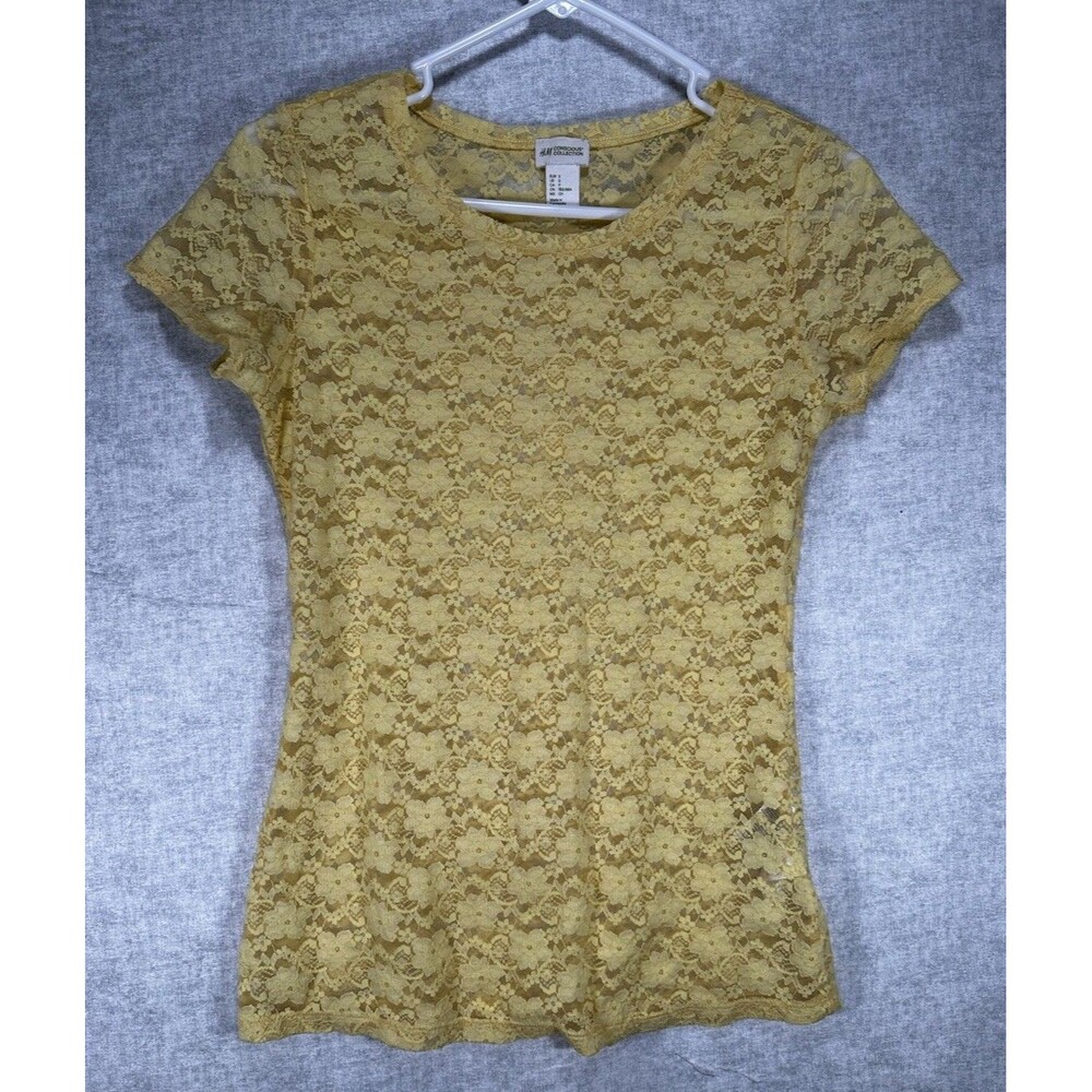 H&M Conscious Collection Women’s Yellow Floral Lace Tshirt Short Sleeve Size Sm